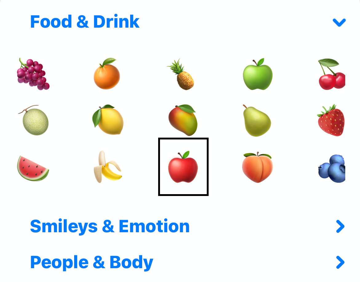 An apple emoji on the bottom row is selected.